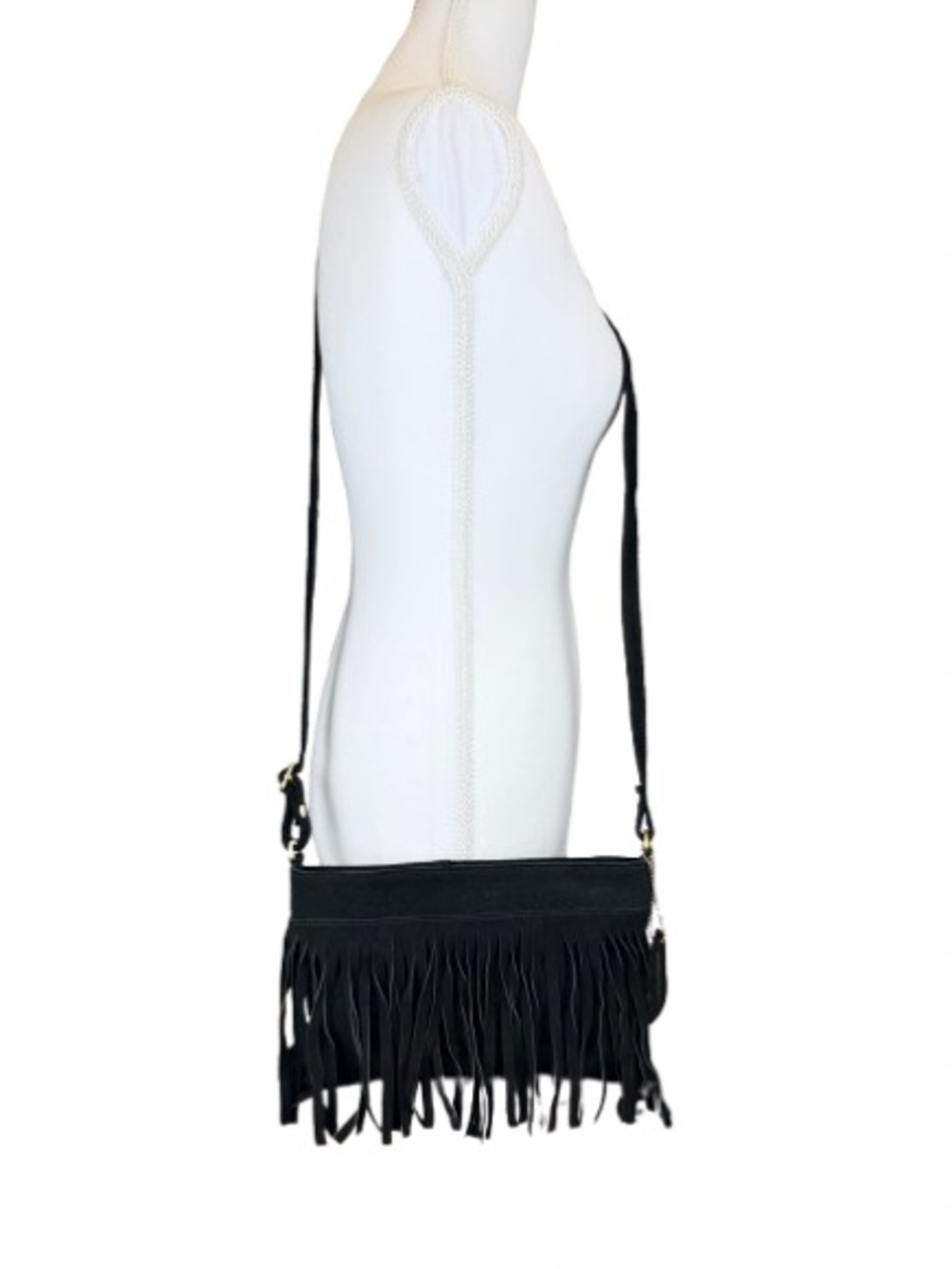 Vintage Great American Leather Works Black Suede Fringe Brass Crossbody Bag NEW